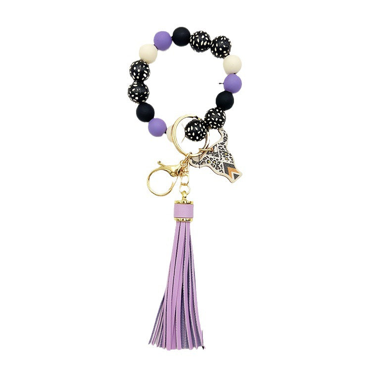 Wholesale Wooden Ox Head Sesame Spotted Wooden Beads PU Tassel Wrist Keychain